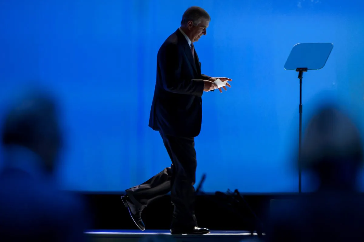 Duke of York Prince Andrew arrives on stage to address an official ceremony marking the 60th anniversary of the European Organisation for Nuclear Research (CERN) in Meyrin near Geneva on Sept. 29, 2014. (AFP/Getty Images)