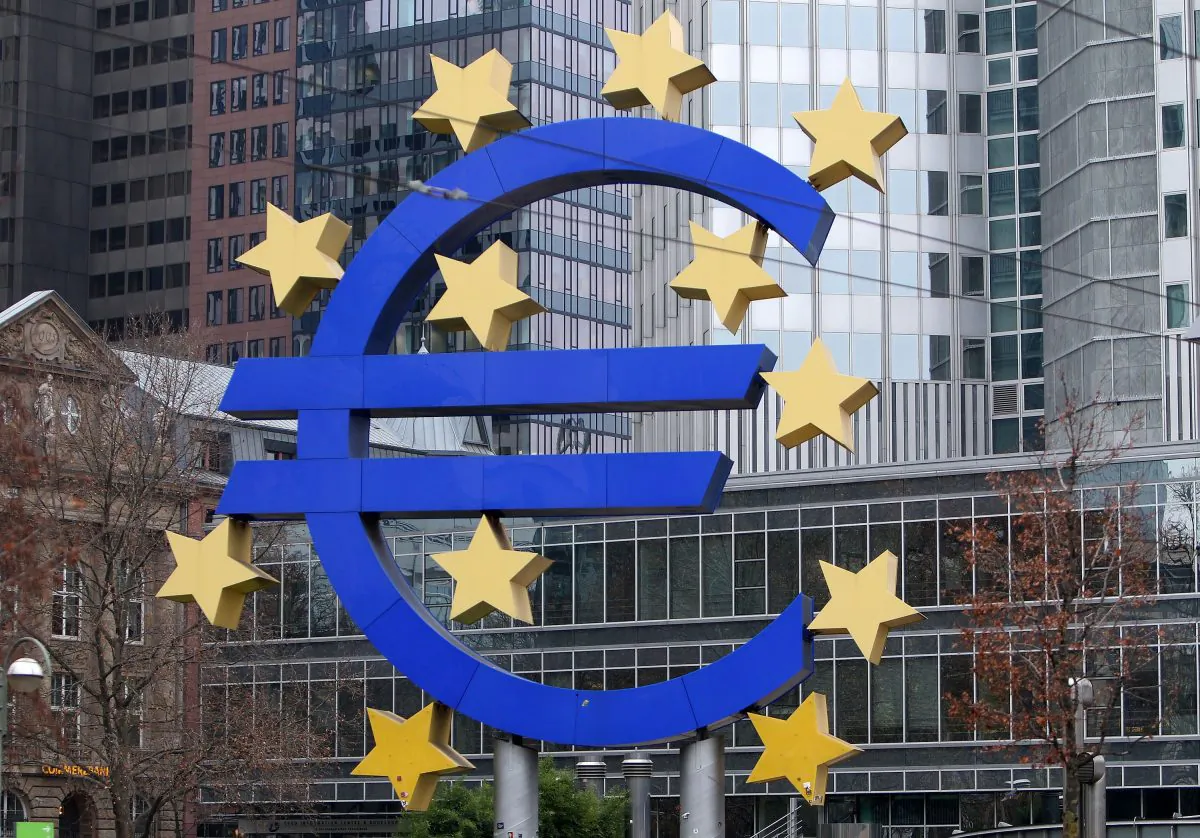 A sculpture featuring the EURO logo is pictured in front of the European Central Bank (ECB) in Frankfurt am Main, Germany, on Dec. 2, 2014. (Daniel Roland/AFP/Getty Images)