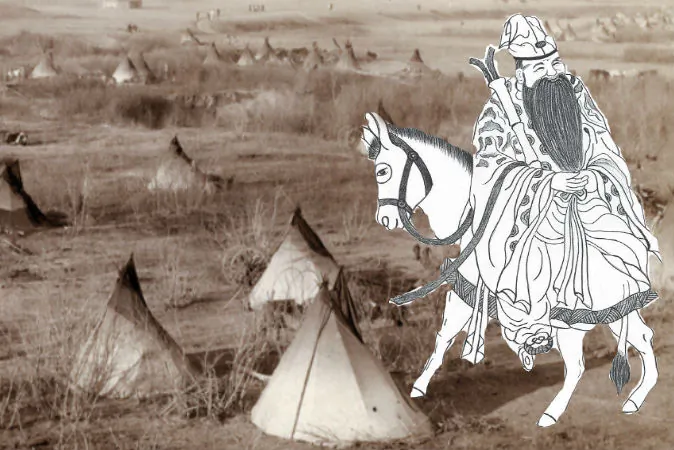(R) A depiction of Zhang Guo Lao riding backward on his donkey. (Yeuan Fang/Epoch Times) Background: A Lakota camp, c. 1891. (John C. Grabill via Shutterstock*)