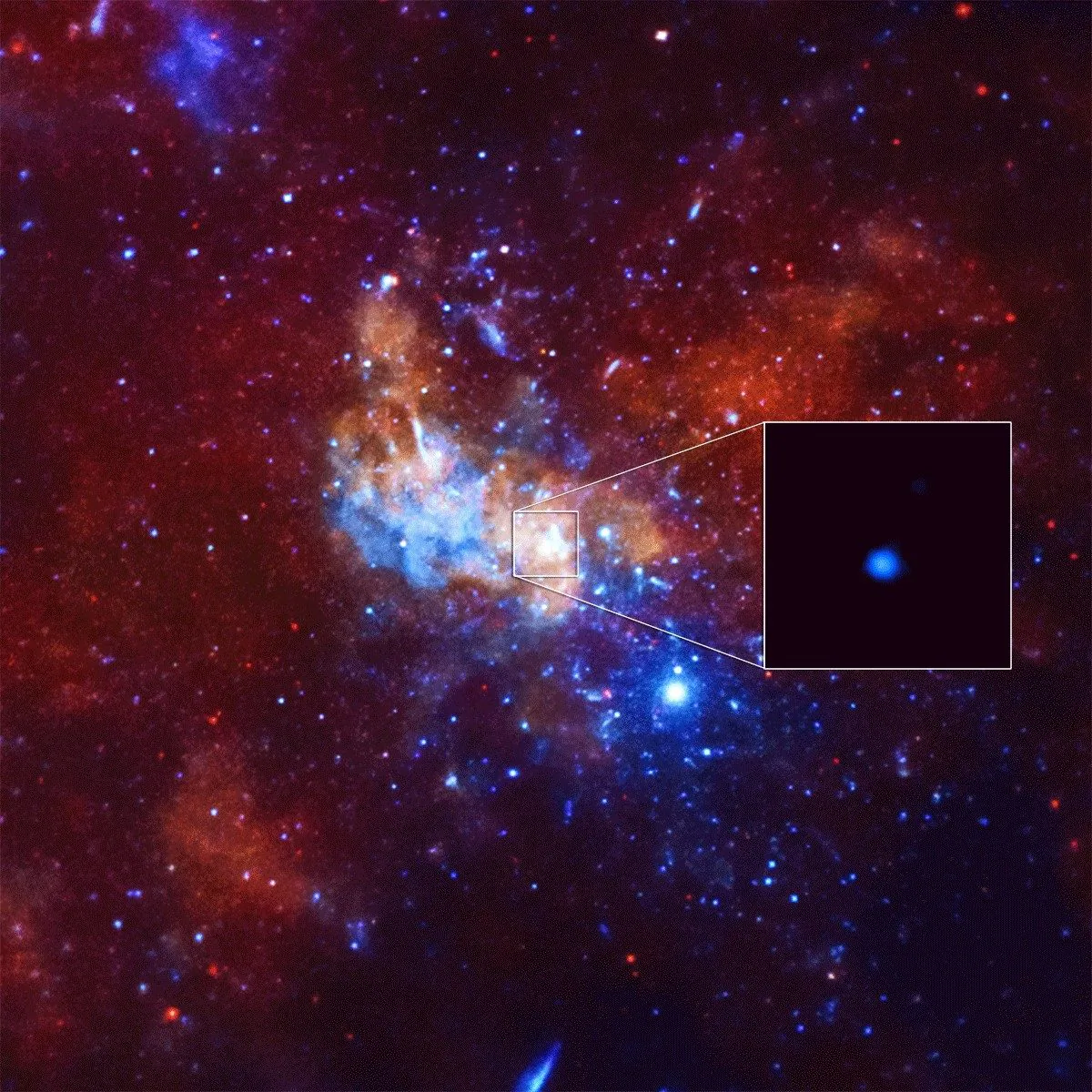 Astronomers have detected the largest X-ray flare ever from the supermassive black hole at the center of the Milky Way using NASA’s Chandra X-ray Observatory. This event was 400 times brighter than the usual X-ray output from the black hole. (NASA/CXC/Northwestern Univ/D.Haggard et al.)
