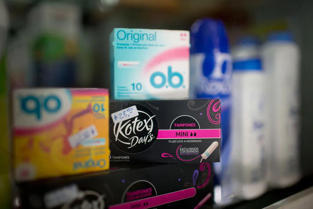 Tampons are displayed on a shelf at a drug store in Buenos Aires, Argentina, on Jan. 7, 2015. A shortage of tampons in several Argentine cities led to finger-pointing Wednesday, with the government insinuating it was a strategy by importers to jack up prices while companies blamed stifling bureaucracy. The shelves in pharmacies and supermarkets have even been empty in some coastal areas where tourists flock during the warm summer months. (Natacha Pisarenko/AP Photo)