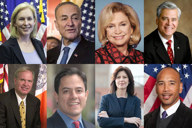 Eight of the over 70 elected New York officials at the federal, state, or city level, who welcomed Shen Yun Performing Arts in 2015. (Top, L-R) U.S. Sen. Kirsten Gillibrand; U.S. Sen. Charles E. Schumer; Rep. Carolyn B. Maloney; NY State Sen. Dean G. Skelos. (Bottom L-R) NY State Sen. Tony Avella; New York City Council member Daniel R. Garodnick; NYC Council member Elizabeth S. Crowley; Bronx Borough President Ruben Diaz Jr. (all images courtesy of subject)