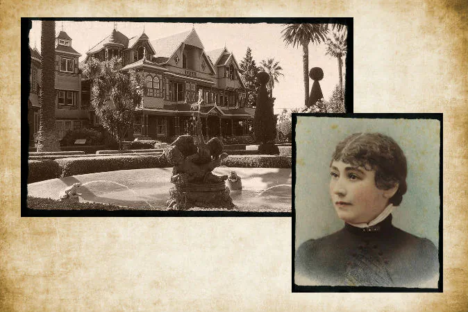 Top left: The Winchester Mystery House, San Jose. (Roxanna Salceda/Wikimedia Commons) Bottom right: Hand-tinted ambrotype of Sarah Winchester taken in 1865 by the Taber Photographic Company of San Francisco, 1865. (Wikimedia Commons) Background: (Ivan Smuk/iStock/Thinkstock)