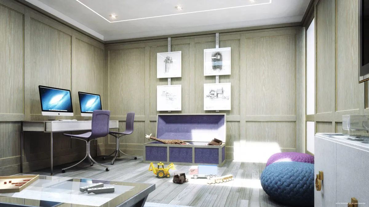 A rendering of the game room at The Charles, a luxury condominium tower made up of entirely full floor and multifloor residences on the Upper East Side. The game room is being designed to attract children and adults of all ages. (Williams New York)