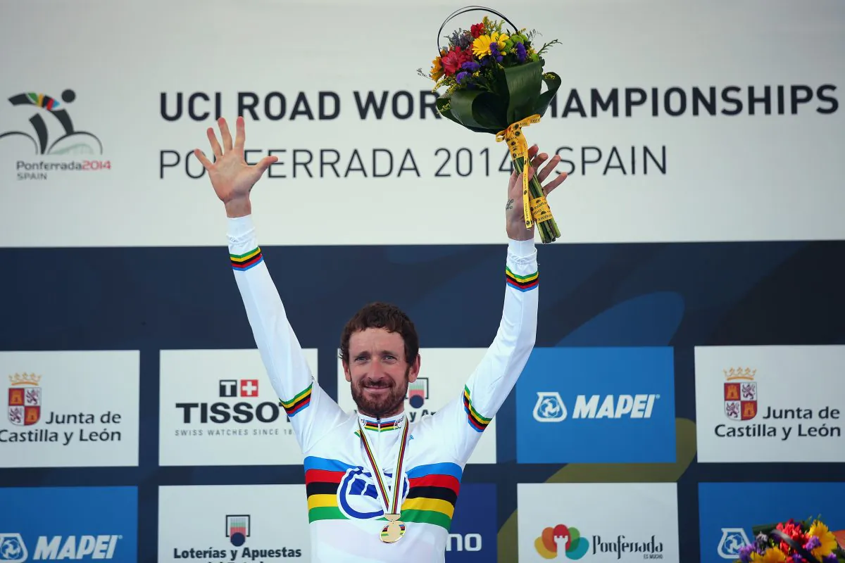Sir Bradley Wiggins celebrates on the podium after winning the Elite Men's Individual Time Trial on day four of the UCI Road World Championships on September 24, 2014 in Ponferrada, Spain. (Bryn Lennon/Getty Images)