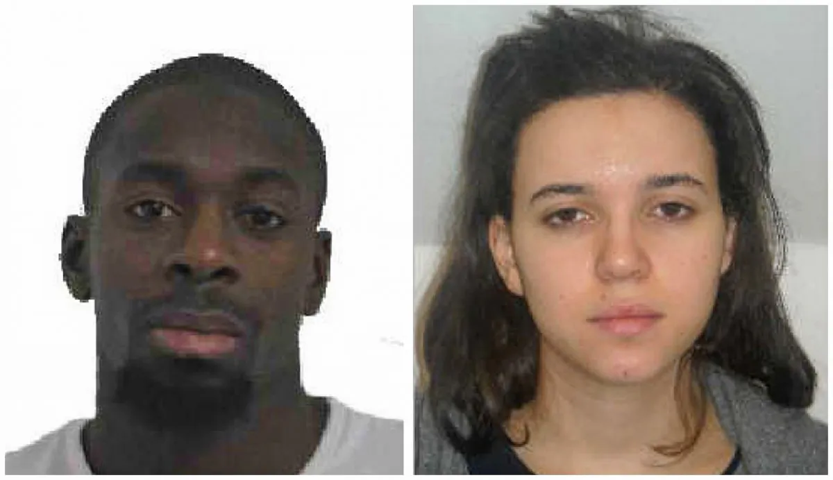In this combination photo provided by the Paris Police Prefecture, Amedy Coulibaly (L), and Hayet Boumddiene, two suspects named by police as accomplices in a kosher market attack on the eastern edges of Paris on Friday, Jan. 9, 2015. A police official says the man who has taken at least five people hostage in a kosher market on the eastern edges of Paris Friday appears linked to the newsroom massacre earlier this week that left 12 people dead. Paris police released a photo of Amedy Coulibaly as a suspect in the killing Thursday of a policewoman, and the official named him as the man holed up in the market. He said the man is armed with an automatic rifle and some hostages have been gravely wounded. He said a second suspect, a woman named Hayet Boumddiene, is the gunman's accomplice. (AP Photo/Prefecture de Police de Paris)