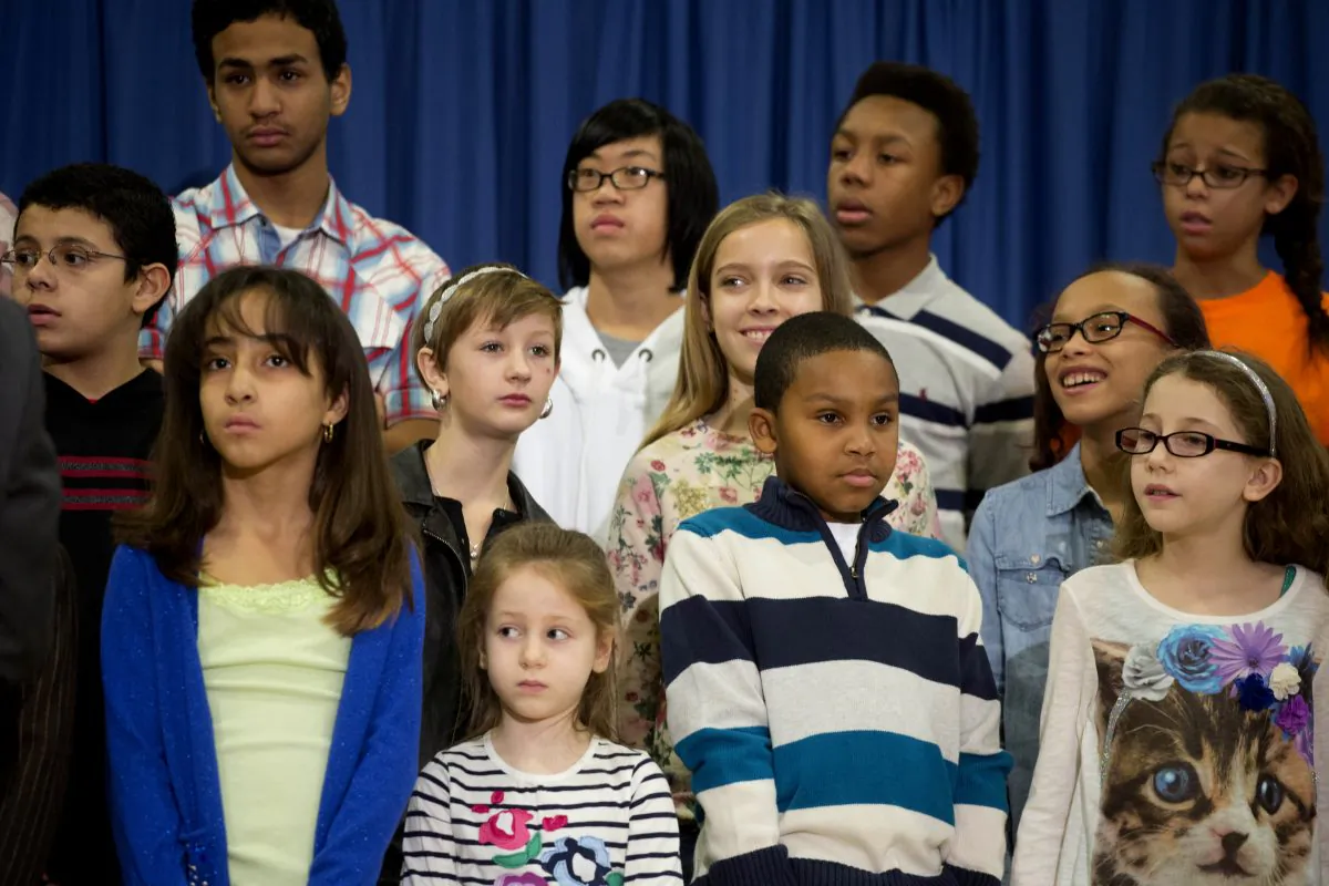 New York City school children at MS 51 in the Brooklyn borough of New York on Monday, Dec. 30, 2013. Parents are showing little interest in having access to results of state-mandated teacher evaluations. (AP Photo/Mark Lennihan)