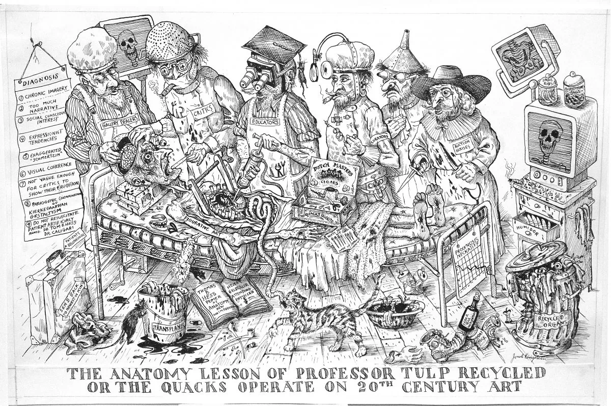 “The Anatomy Lesson of Professor Tulp Recycled or The Quacks Operate on 20th Century Art,” 1997, by Jonah Kinigstein. Pen and ink on bristol board. (Courtesy of Jonah Kinigstein)