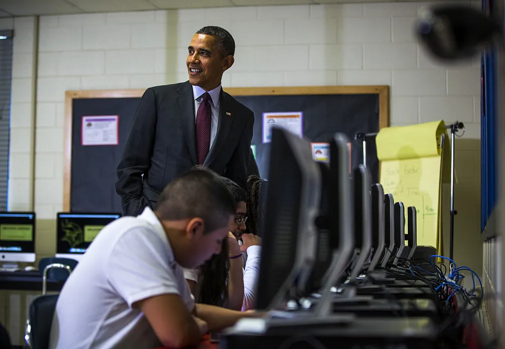 President Barack Obama tours a seventh grade classroom at Buck Lodge Middle School in Adelphi, Md., on Feb. 4, 2014. On Monday, the president gave a speech on cybersecurity legislation his administration wants, including protection for student data. (Jim Lo Scalzo-Pool/Getty Images)