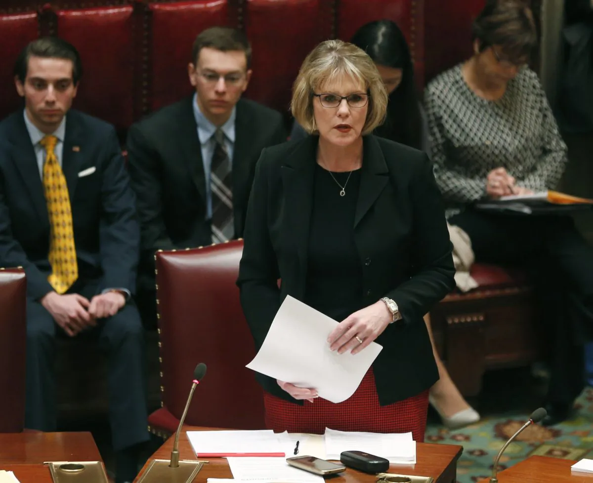 Sen. Catharine Young, R-Olean in the Senate Chamber at the state Capitol in Albany, N.Y., on Monday, Jan. 12, 2015. The Republican-controlled Senate has approved eight bills intended to ensure women's rights in the workplace and housing. (AP Photo/Mike Groll)