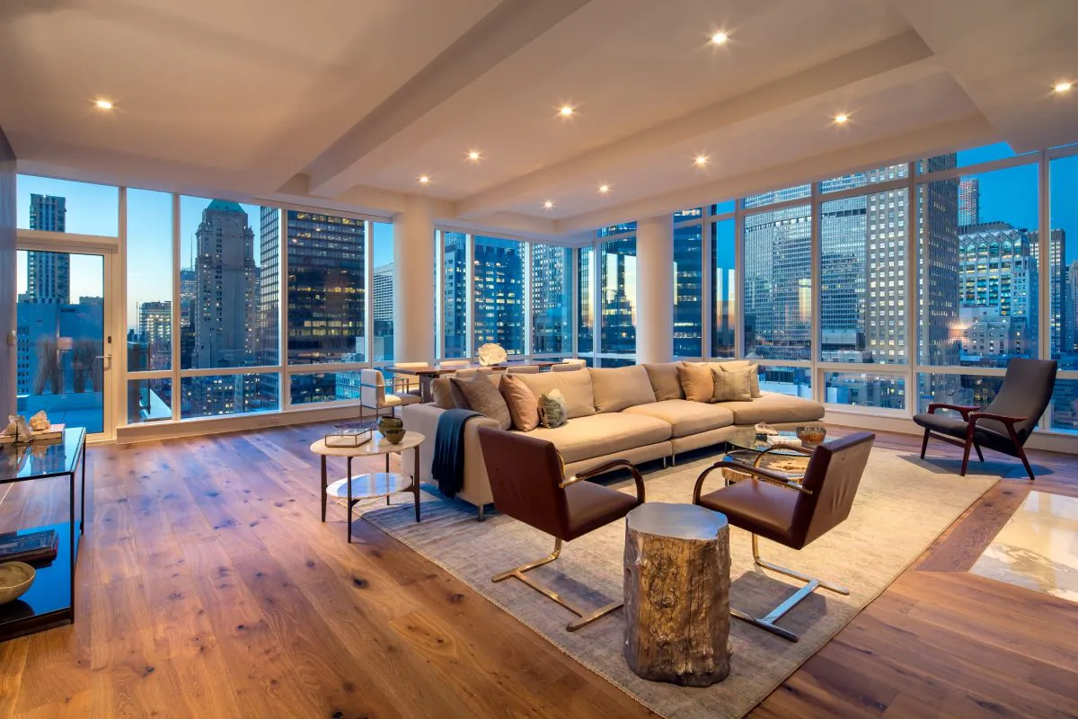 Manhattan views from the 27-foot-6-inch x 25-foot-7-inch great room, in the penthouse on the 33rd floor of 325 LEX . (Credit: Evan Joseph)