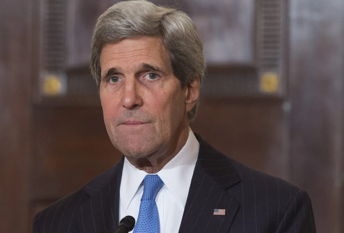 US Secretary of State John Kerry speaks about the kidnapped school girls by the Nigerian terrorist organization Boko Haram, during a press availability at the US State Department in Washington, DC, May 8, 2014. (Saul Loeb/AFP/Getty Images)