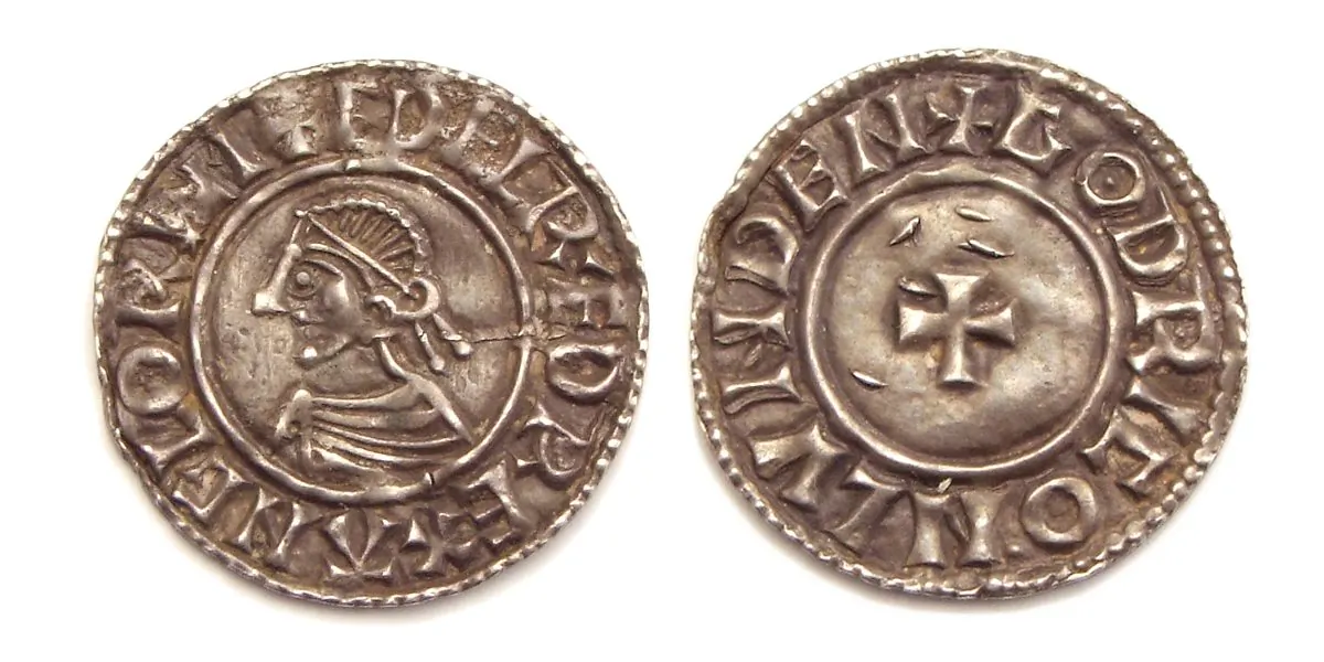Small cross type penny with portrait of King Ethelred, similar to the ones recently discovered near Lenborough, England. (Wikimedia Commons)
