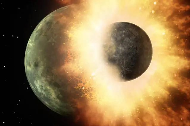 An artist’s rendering of a protoplanetary impact. Early in the impact, molten jetted material is ejected at a high velocity and breaks up to form chondrules, the millimeter-scale, formerly molten droplets found in most meteorites. These droplets cool and solidify over hours to days. (NASA/California Institute of Technology)