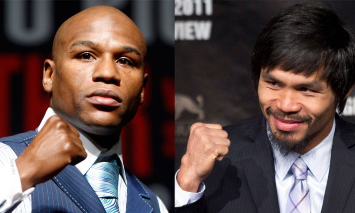 Left: Floyd Mayweather Jr. in Las Vegas in April 2010. (AP Photo/Isaac Brekken) Right: Manny Pacquiao in Las Vegas on May 4, 2011. Promoter Bob Arum said Wednesday, Jan. 14, 2015, that Pacquiao has agreed to all terms for what would be boxing's richest fight ever, a bout with Floyd Mayweather Jr. that fans have been demanding for five years. (AP Photo/Julie Jacobson)