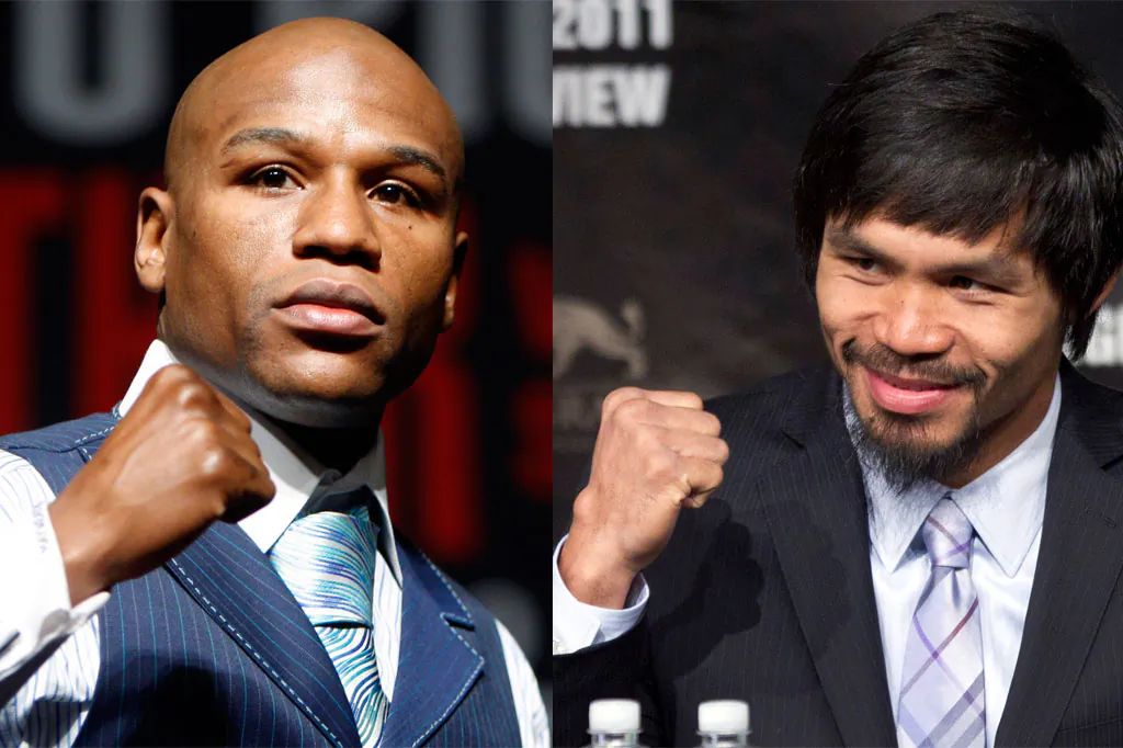 Left: Floyd Mayweather Jr. in Las Vegas in April 2010. (AP Photo/Isaac Brekken) Right: Manny Pacquiao in Las Vegas on May 4, 2011. Promoter Bob Arum said Wednesday, Jan. 14, 2015, that Pacquiao has agreed to all terms for what would be boxing's richest fight ever, a bout with Floyd Mayweather Jr. that fans have been demanding for five years. (AP Photo/Julie Jacobson)