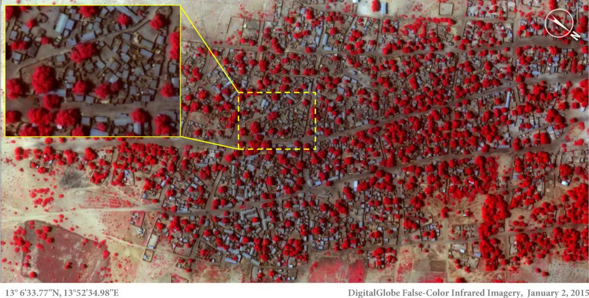This Satellite image taken on Friday, Jan. 2, 2015 and released by Amnesty International of the village of Doron Baga in north-eastern Nigeria, shows before it was allegedly attacked by members of the Islamic extremist group Boko Haram. Satellite images showing widespread destruction in two Nigerian towns that were recently attacked by Islamic extremists, were released Thursday Jan. 15 by an  international human rights group  Amnesty International released detailed images of Baga and Doron Baga, taken before and after the attack earlier this month, that show more than 3,700 structures were damaged or completely destroyed. The images were taken Jan. 2 and Jan. 7, Amnesty International said. Boko Haram fighters seized a military base in Baga on Jan. 3 and, according to witnesses, killed hundreds civilians in the ensuing days. (AP Photo/Micah Farfour, DigitalGlobe via Amnesty International)