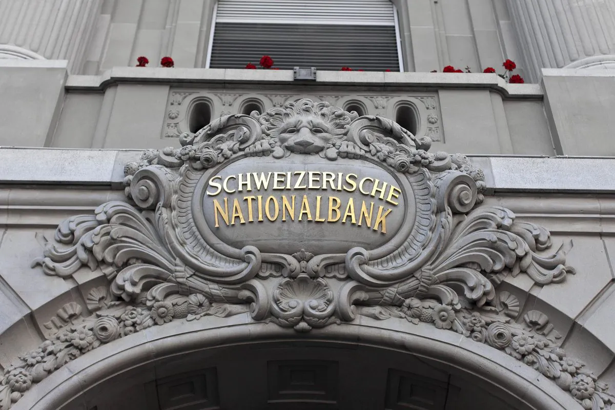 The entrance to the Swiss National Bank is pictured in Berne, Switzerland, on July 16, 2012. (AP Photo/Keystone, Gaetan Bally)