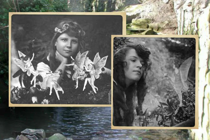 Frances Griffiths (L) and Elsie Wright (R) posing in 1917 with what they maintained for decades were real fairies. (Public Domain) Background: The beck in Cottingley, UK, where the girls took the photos. (Paul Glazzard/Wikimedia Commons)