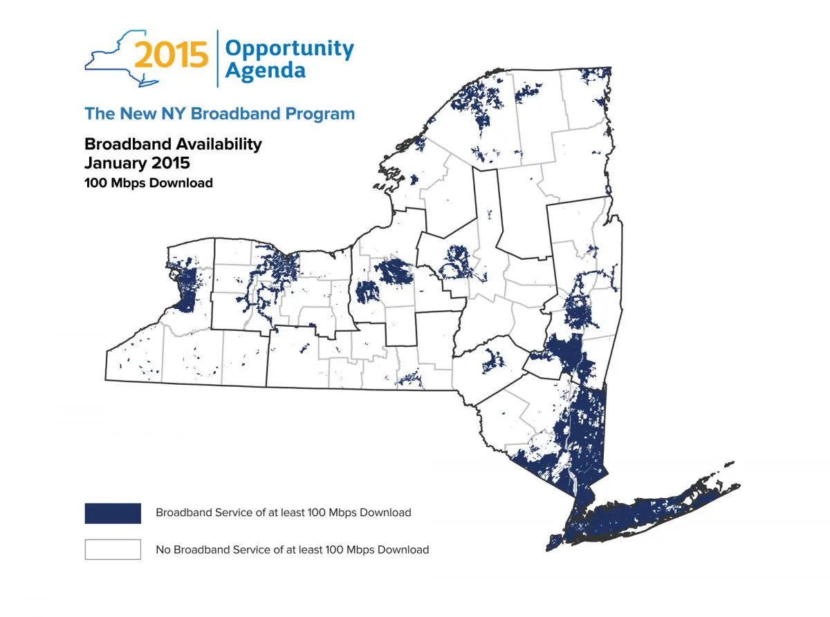 New York Broadband Map, showing how much of the state is unable to get access to high speed 100 Mbps connection speeds. (NY Governor's Press Office)