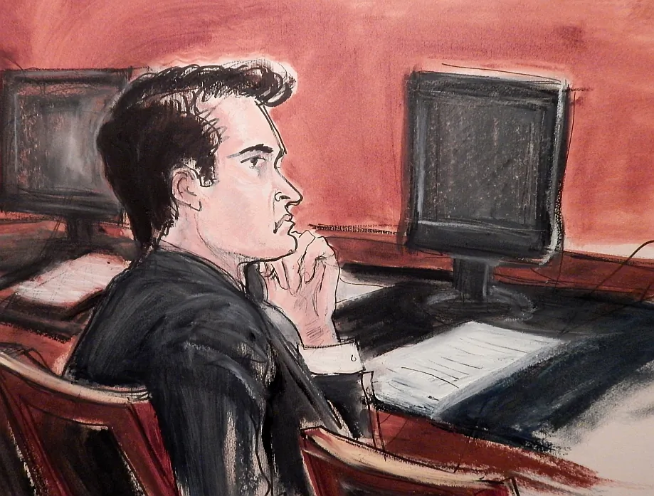 Defendant Ross William Ulbricht, described as the kingpin of an underground online market, listens to proceedings in New York on Jan. 13, in a courtroom drawing. (Elizabeth Williams/AP Photo)