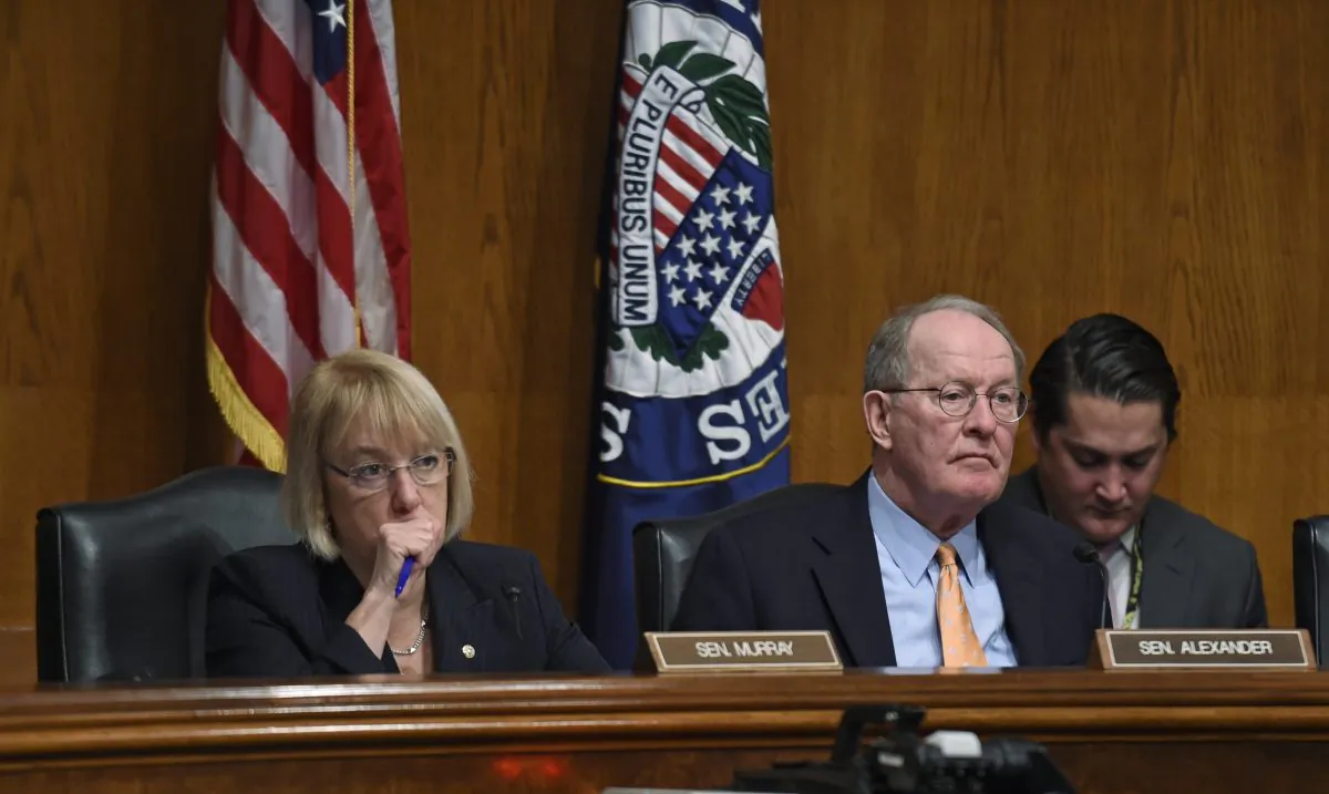 Senate Health, Education, Labor and Pensions Committee Chairman Sen. Lamar Alexander (R-Tenn.) sitting next to the committee's ranking member Sen. Patty Murray (D-Wash.), listen to testimony during a hearing in Washington on Jan. 21, 2015. (Susan Walsh/AP Photo)
