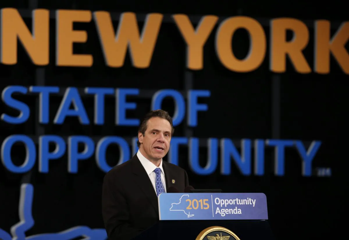 New York Gov. Andrew Cuomo delivers his State of the State address and executive budget proposal at the Empire State Plaza Convention Center on Wednesday, Jan. 21, 2015, in Albany, N.Y. He outlined several proposals to restore public trust in the criminal justice system, following police-involved fatalities in Ferguson, Mo. and Staten Island, New York City. (AP Photo/Mike Groll)