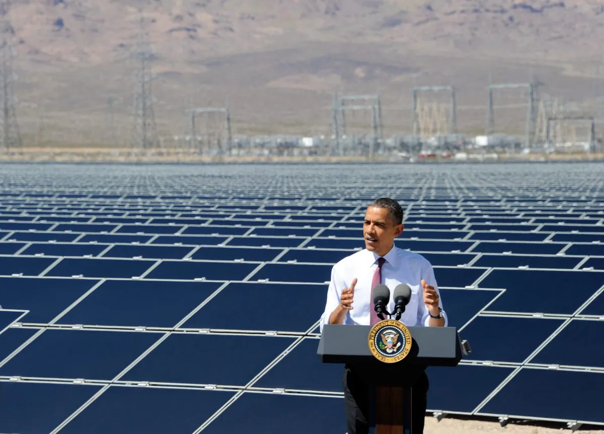 U.S. President Barack Obama speaks at Sempra U.S. Gas & Power's Copper Mountain Solar 1 facility, the largest photovoltaic solar plant in the United States on March 21, 2012 in Boulder City, Nevada. (Photo by Ethan Miller/Getty Images)
