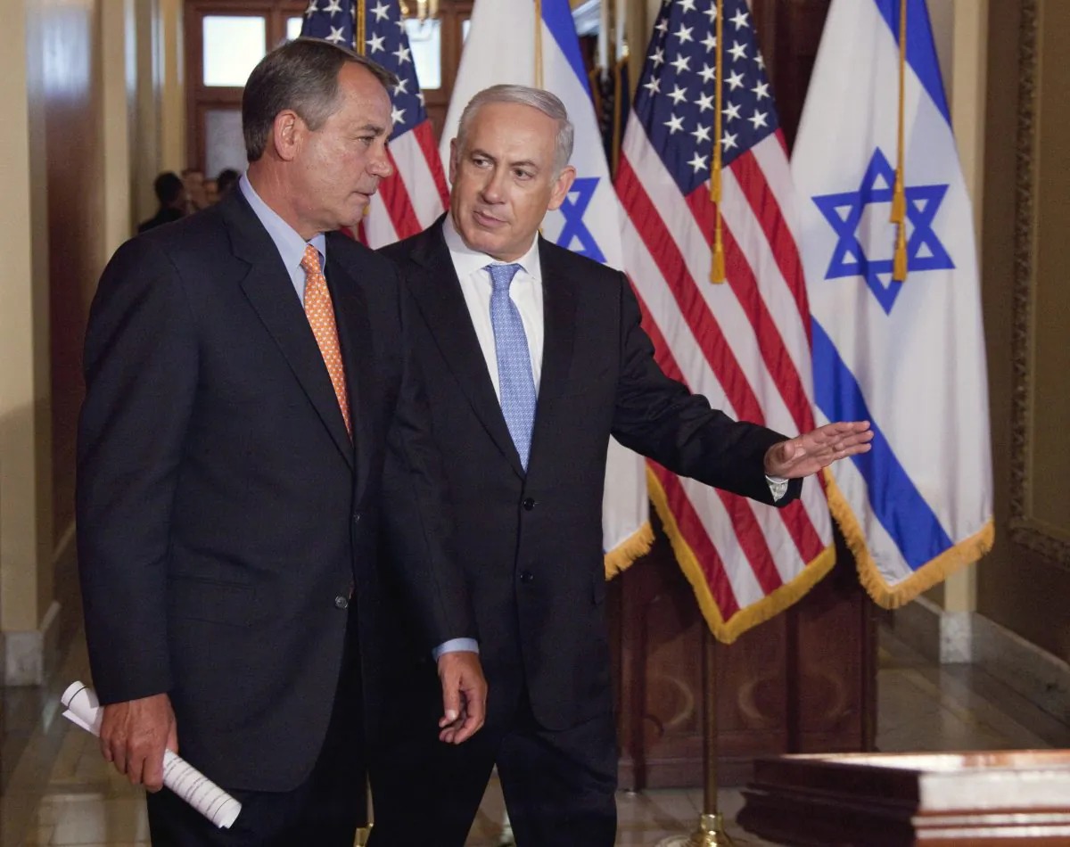 Israeli Prime Minister Benjamin Netanyahu walks with House Speaker John Boehner of Ohio to make a statement on Capitol Hill in Washington on May 24, 2011. Boehner has invited Netanyahu to address Congress about Iran. (AP Photo/Evan Vucci)