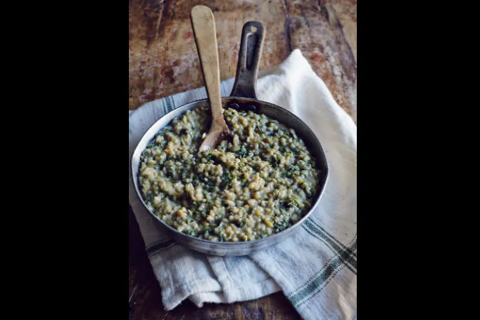 Farrotto With Acorn Squash and Red Russian Kale. (Excerpted from Heritage by Sean Brock (Artisan Books). Copyright © 2014. Photographs by Peter Frank Edwards.)