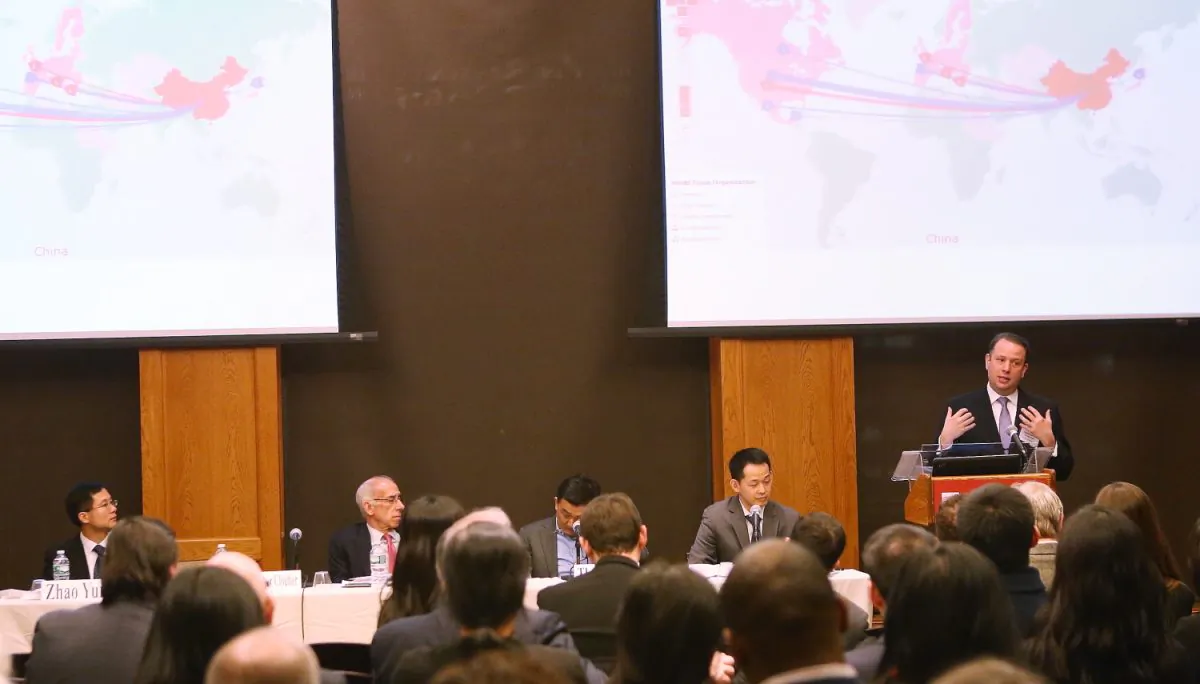 Christopher Croutier gives his remarks at the Brooklyn Law School panel on China/U.S. trade relations in New York on January 21, 2014. (Gary Du/Epochtimes)
