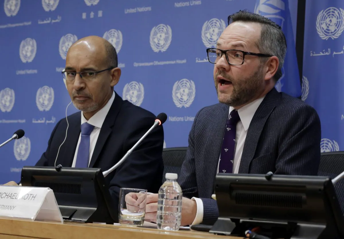 France's State Secretary for European Affairs Harlem Desir (L) and Germany's Foreign Minister Michael Roth hold a news conference after they addressed the United Nations General Assembly,  Thursday, Jan. 22, 2015. The UN General Assembly is holding its first-ever meeting devoted to anti-Semitism in response to a global increase in violence against Jews, a meeting scheduled even before the recent attack on a kosher supermarket in Paris. (AP Photo/Richard Drew)