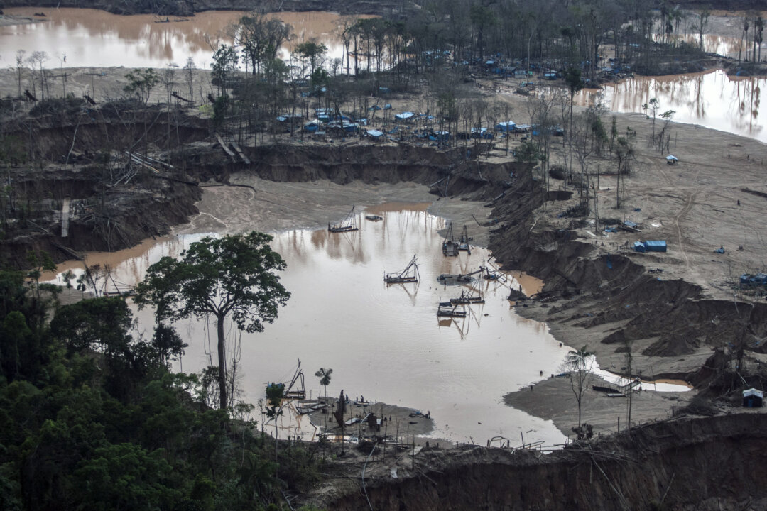 View of camps surrounding pumps used for illegal gold mining in the Madre de Dios region of Peru, January 2014. New research shows that these small-scale mines put hazardous levels of mercury into the environment. (Sebastian Castañeda/AFP/Getty Images)