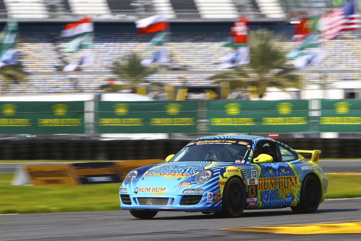 Hugh and Matt Plumb drove the #13 Rum Bum Racing Porsche 911 to the overall win in the Continental Tire Sports Car Challenge BMW Performance 200 at Daytona International Speedway Jan. 24 2015. (Halston Pitman/MotorsportsMedia)