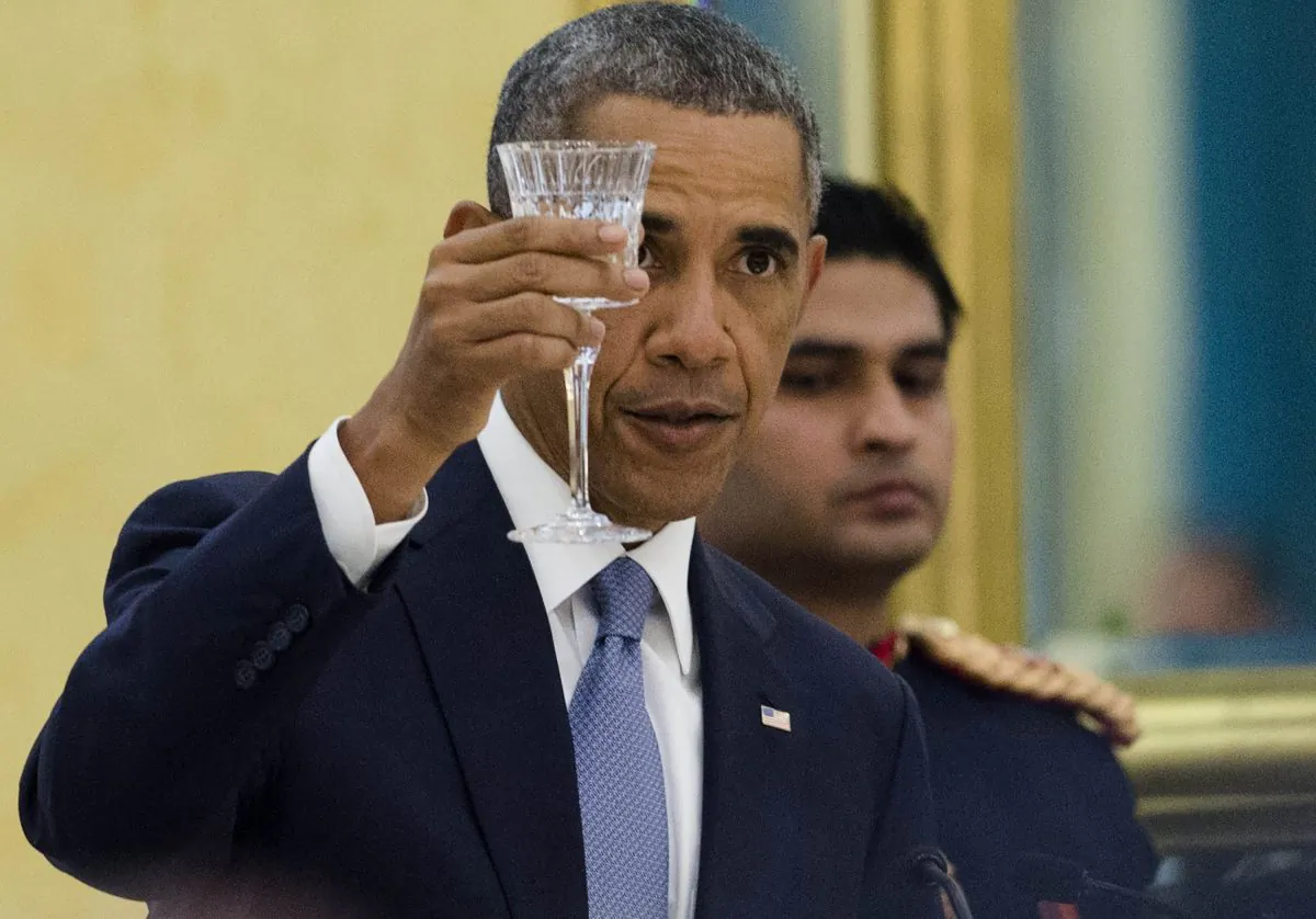 US President Barack Obama makes a toast during a State Dinner at Rashtrapati Bhawan, the Presidential Palace, in New Delhi, India, on Jan. 25, 2015. The United States and India resolved several key obstacles in an agreement that would allow US companies to build up to $182 billion in atomic power plants and reactors in India. (SAUL LOEB/AFP/Getty Images)