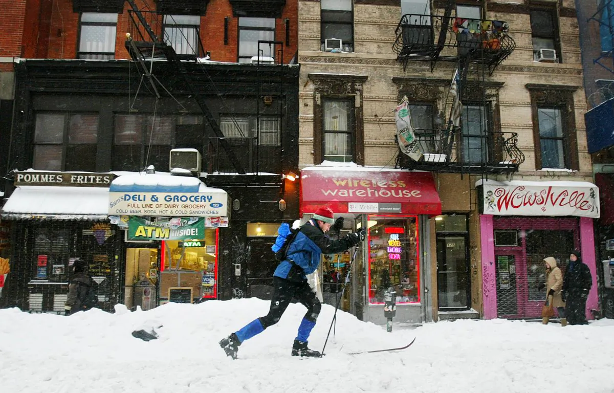A man cross-country skis up Second Ave. February 17, 2003 in New York City. The worst blizzard in the mid-Atlantic region in seven years is expected to deliver as much as two feet of snow the city. (Mario Tama/Getty Images)