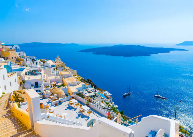 View to the sea and Volcano from Fira via Shutterstock*