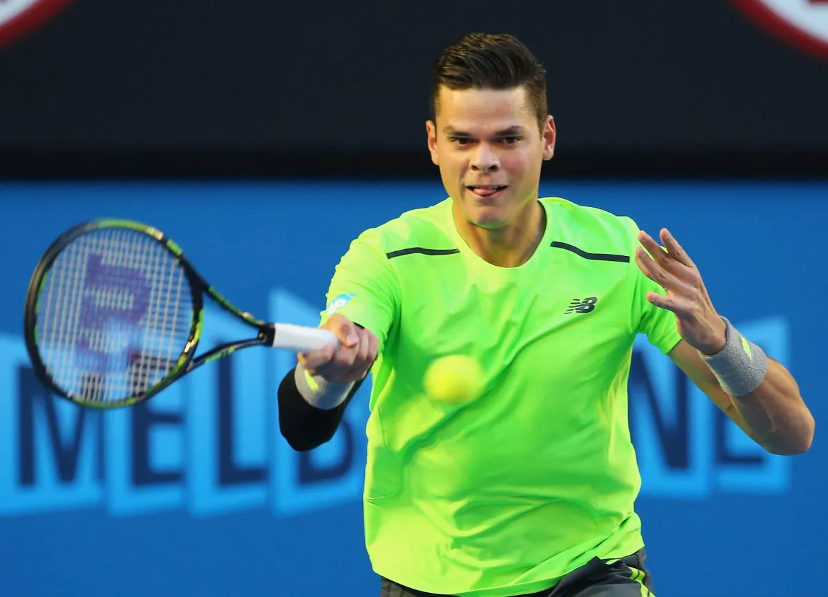 Milos Raonic plays a forehand against Novak Djokovic at the 2015 Australian Open in Melbourne on Jan. 28, 2015. (Scott Barbour/Getty Images)