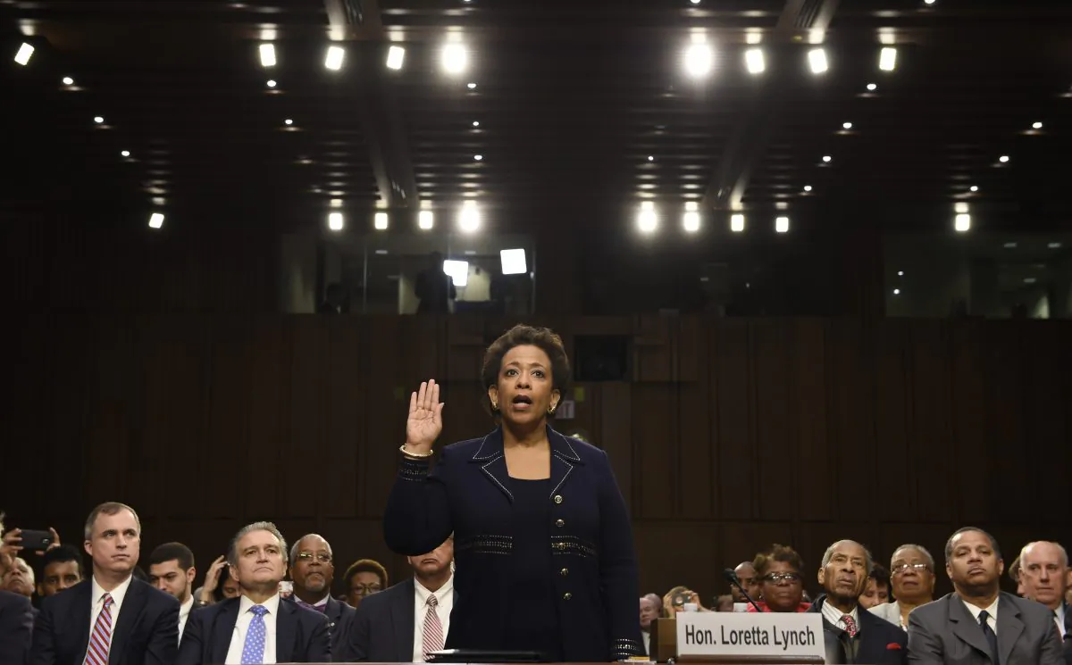 U.S. Attorney General nominee Loretta Lynch is sworn in on Capitol Hill in Washington, Wednesday, Jan. 28, 2015, prior to testifying before the Senate Judiciary Committees hearing on her nomination. If confirmed, Lynch would be the nation's first black female attorney general. (AP Photo/Susan Walsh)