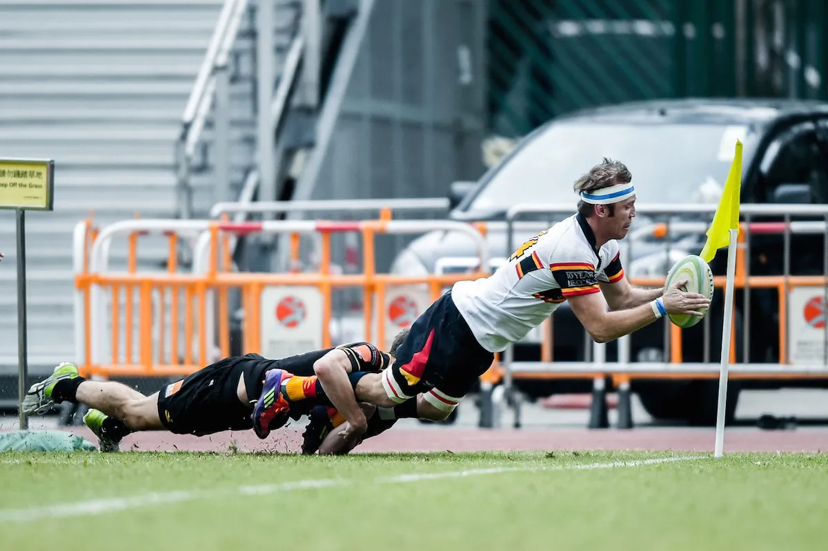 Damian (Moses) Bailey crosses over for one of Leighton Asia HKCC’s 5-tries in their match against Borrelli Walsh USRC Tigers at Aberdeen Sports Ground on Saturday Jan 24, 2015. (HKRFU)