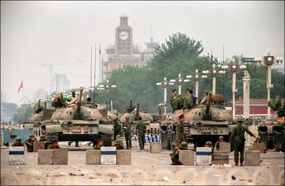 People’s Liberation Army tanks guard strategic Chang’an Avenue leading to Tiananmen Square on June 6, 1989. Canadian officials stationed in Beijing at the time described China’s Communist Party leadership as a “gerontocracy” that was “bereft of any credible claim to legitimacy,” according to cables obtained by Blacklock’s Reporter. (Manuel Ceneta/AFP/Getty Images)