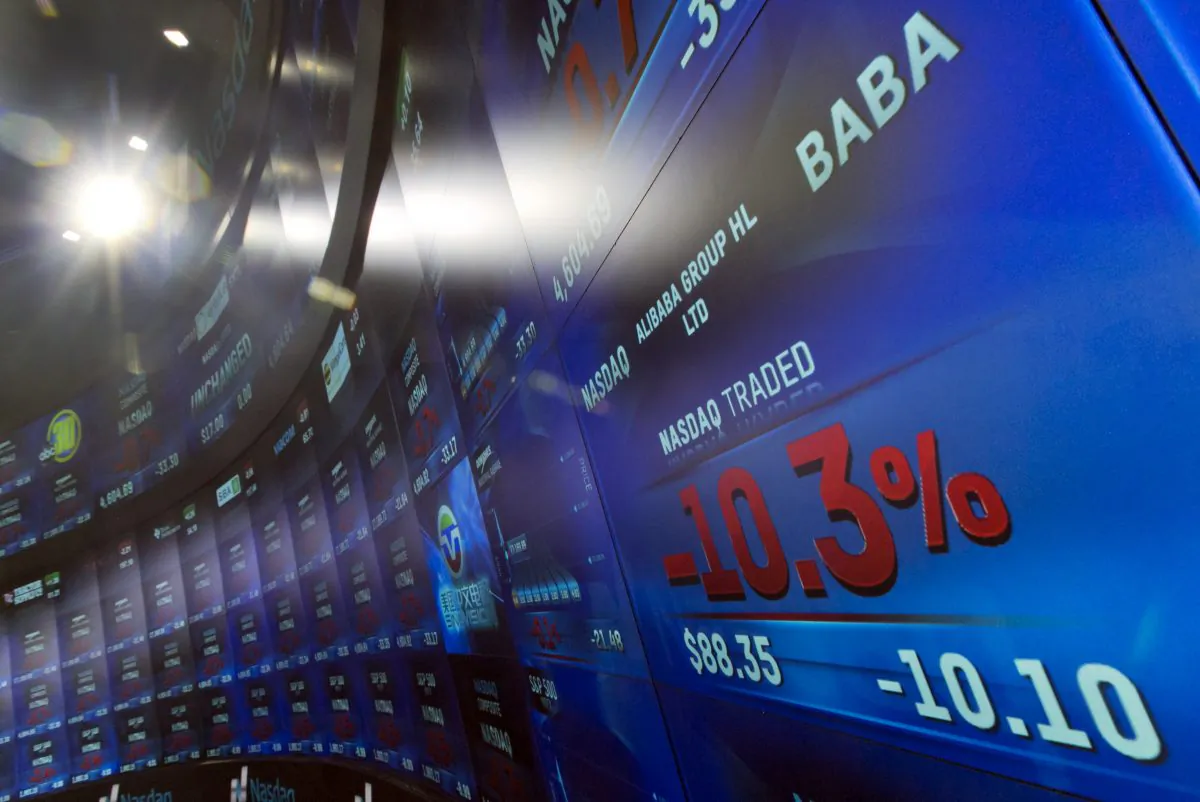 A photo showing Alibaba's stock price after its Q4 earnings. A Chinese official credits the rise of Chinese tech giants such as a Alibaba to the regime's censorship system. (AP Photo/Richard Drew)
