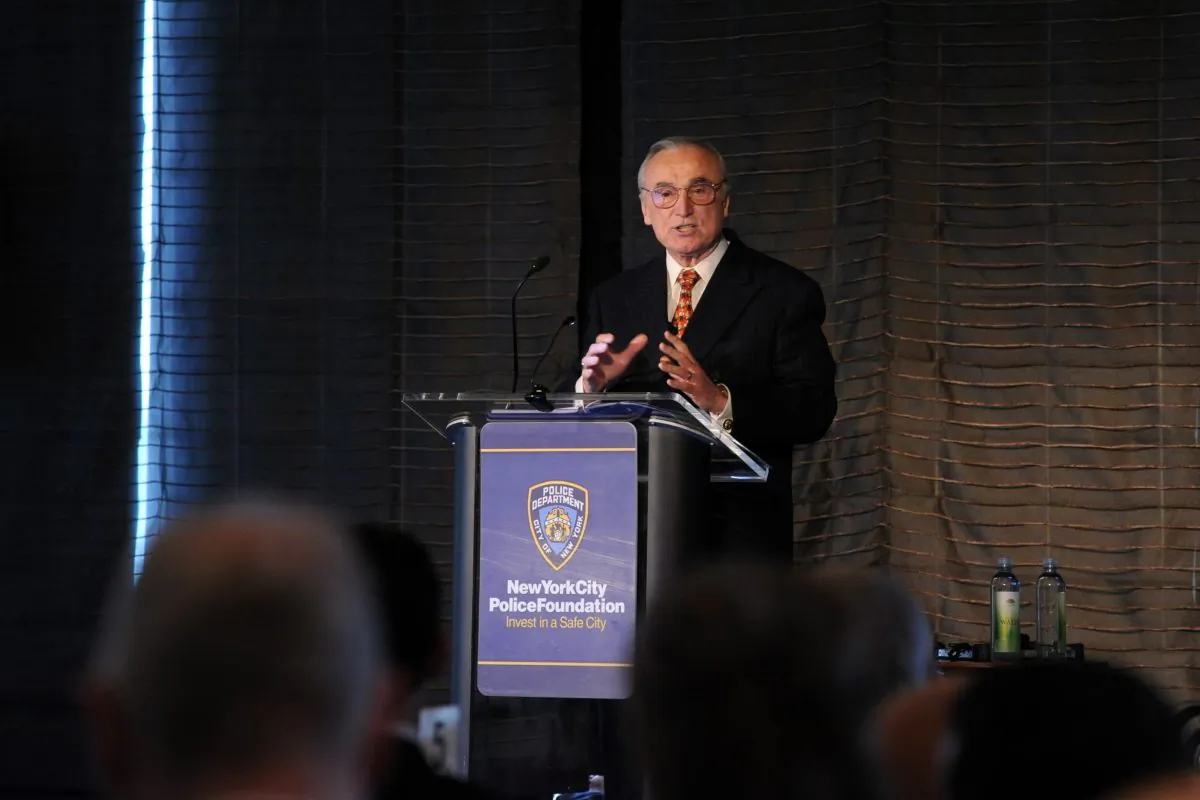 New York City Police Commissioner William J. Bratton, right, joined by H. Dale Hemmerdinger, board chair of the New York City Police Foundation, speaks at the Foundation's "State of the NYPD" breakfast in New York, Thursday, Jan. 29, 2015. The New York City Police Foundation provides resources and support for NYPD public safety programs. (Photo by Diane Bondareff/Invision for New York City Police Foundation/AP Images)