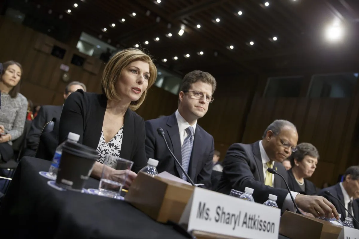 Investigative reporter Sharyl Attkisson, left, joined at right by attorney David Barlow, and other witnesses, testifies before the U.S. Senate Judiciary Committee as it continues for the second day of confirmation hearings for President Barack Obama's attorney general nominee, Loretta Lynch, on Capitol Hill in Washington, Thursday, Jan. 29, 2015. Lynch did not appear at the second and final day of her confirmation hearing, which was designed instead to feature testimony from outside experts. (AP Photo/J. Scott Applewhite)