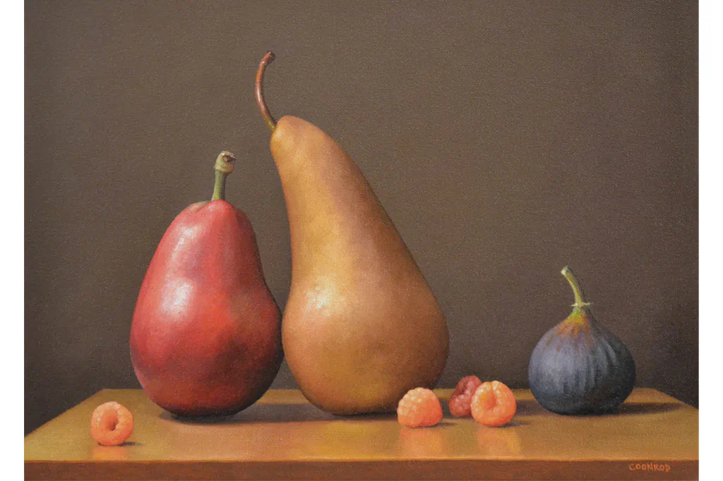 “Two Pears, a Fig and Raspberries,” 2013, by Patricia Coonrod. Oil on canvas, 12 X 16 inches. (Courtesy of Patricia Coonrod)