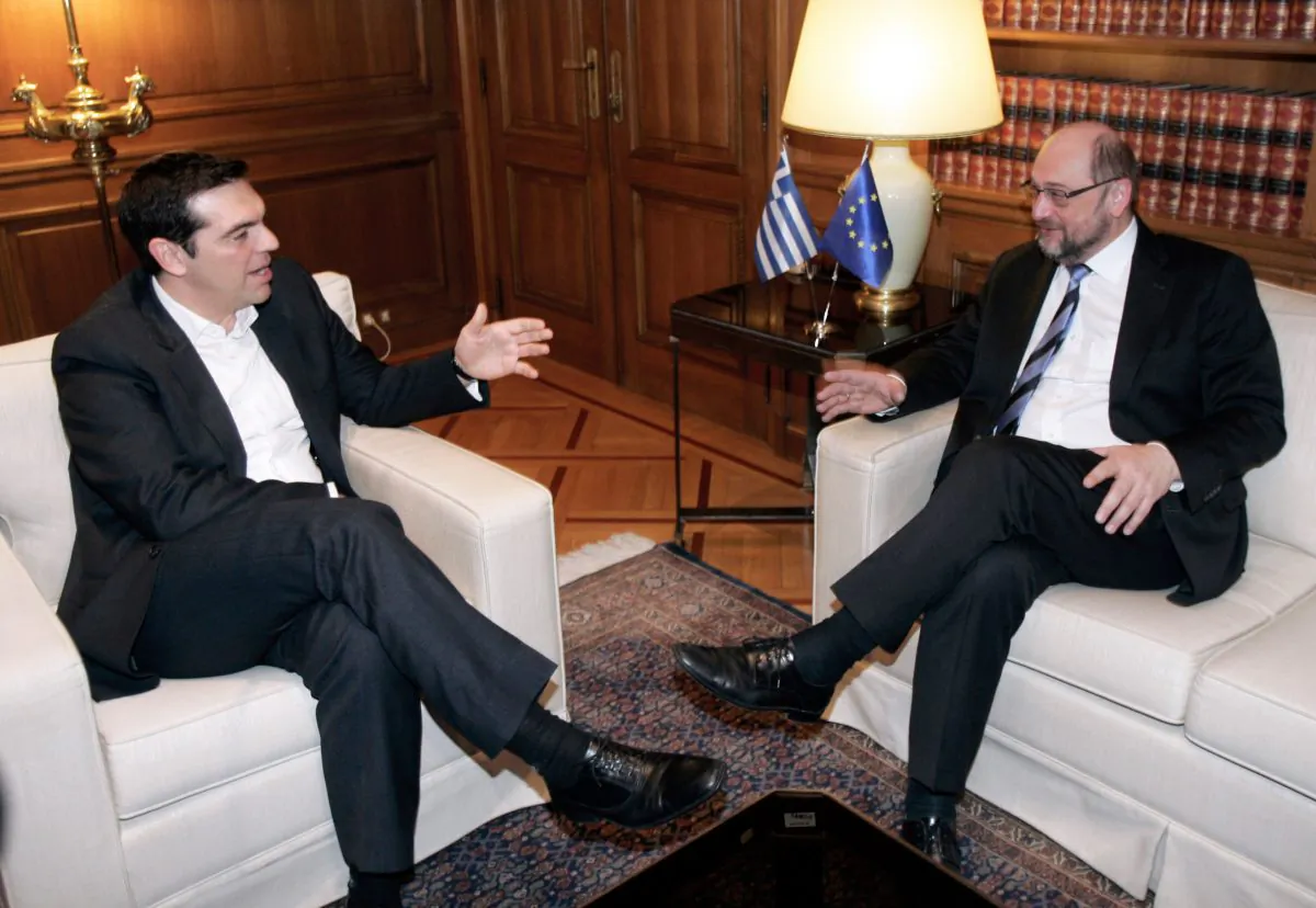 Greek Prime Minister Alexis Tsipras (L) holds a meeting with European Parliament President Martin Schulz at his office in central Athens on Jan. 29, 2015. (Milos Bicanski/Getty Images)