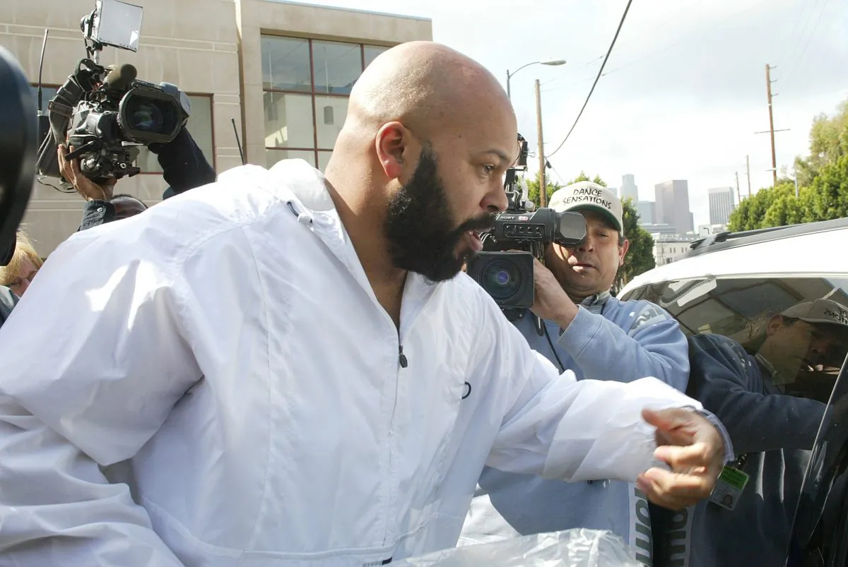 Rap mogul Marion "Suge' Knight leaving the Los Angeles County jail, in Los Angeles, Calif., on Wednesday, Feb. 26, 2003.  (AP Photo/Damian Dovarganes)