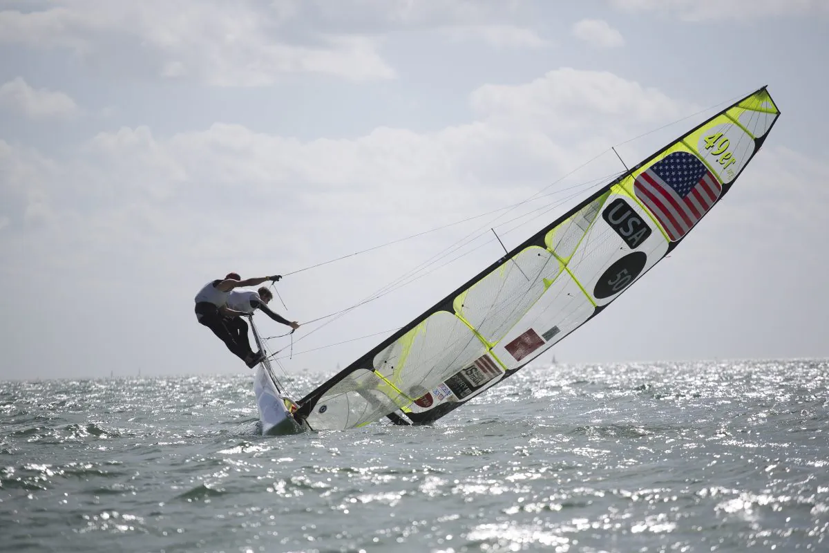 FEB 1: United States teammates Brad Funk and Trevor Burd try to keep their 49ers class boat upright during the ISAF Sailing World Cup on Biscayne Bay, Miami, on Jan. 31, 2015. (AP Photo/J Pat Carter)
