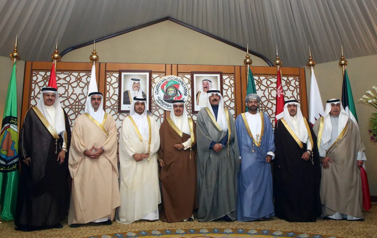(L-R) Gulf Cooperation Council (GCC) Secretary General Abdulateef al-Zayyani, UAE Deputy Prime Minister and Minister of the Interior Lt. General Sheikh Saif bin Zayed al-Nahyan, Qatar's Minister of State for Interior Affairs, Sheikh Abdullah bin Nasser bin Khalifa al-Thani, Bahraini Interior Minister Sheikh Rashid Bin Abdullah Bin Hamad al-Khalifa, Kuwaiti Interior Minister Sheikh Mohammad al-Khaled al-Sabah, Omani Interior Minister Hamoud bin Faisal Al Busaidi, Saudi Interior Ministry's under secretary Ahmad Bin Mohammad al-Salem and Kuwaiti Interior Ministry's under secretary Sulaiman Fahad al-Fahad, pose for a group picture before the 33rd meeting for the GCC interior ministers at Bayan Palace in Kuwait city on Nov. 26, 2014. (Yasser al-Zayyat/AFP/Getty Images)