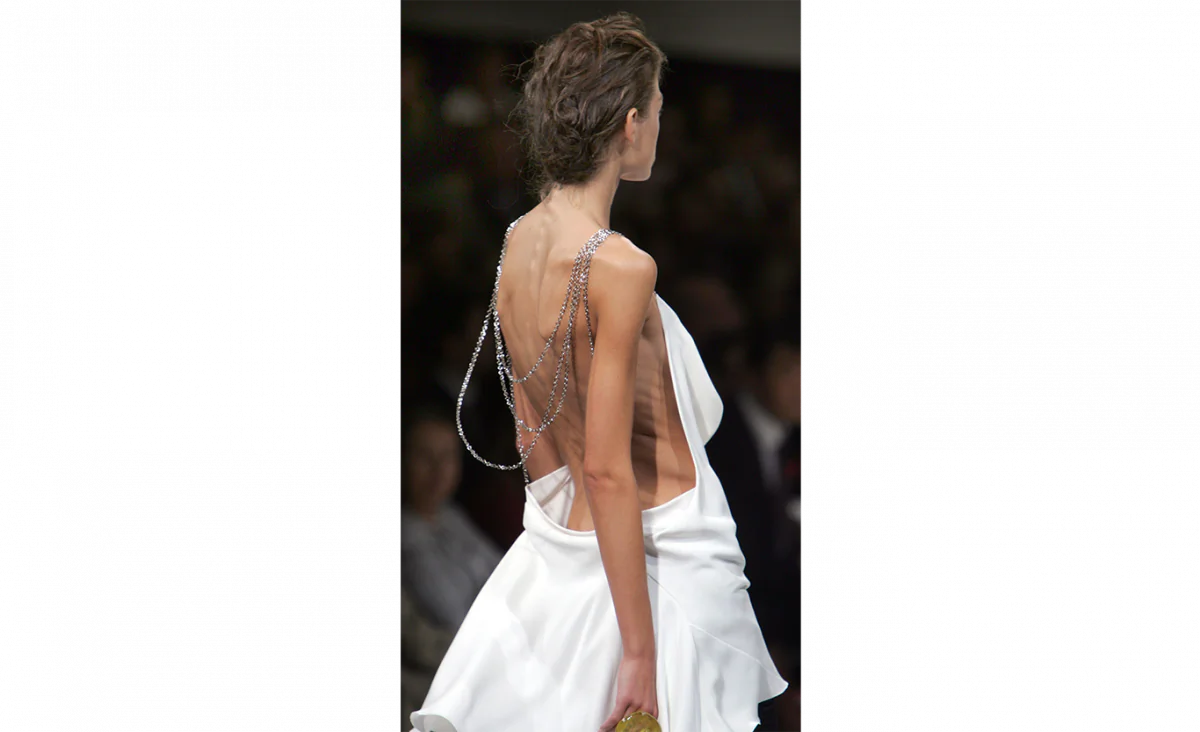 An ultra-thin model presents an ensemble by French fashion house Guy Laroche in Paris on Oct. 7, 2006. Eating disorders may be far more prevalent than previously thought, according to a poll commissioned by the National Eating Disorder Information Centre. (AP Photo/Remy de la Mauviniere)